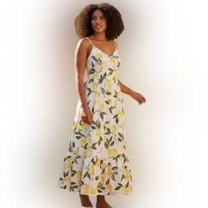 Layered with Love Floral Lemon Print Maxi Sleeveless Lines Cotton Dress 2X